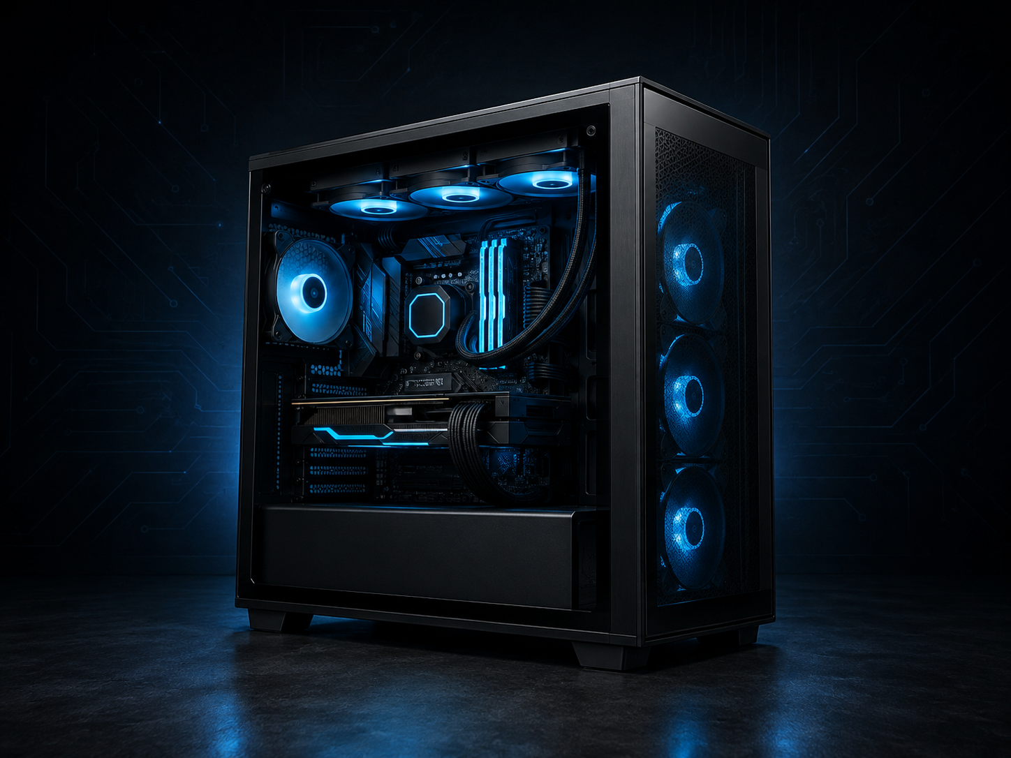Premium custom gaming PC with a tempered-glass case and blue lighting